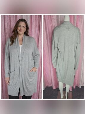 J. Crew Gray Cozy Long Open Front Cotton Casual Knit Cardigan Size Large